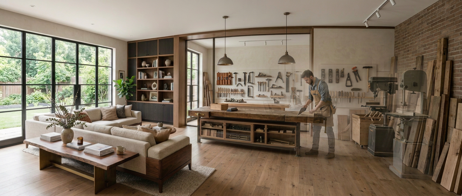 Living room with beige sofas adjacent to a woodworking area featuring tools on walls and wooden planks